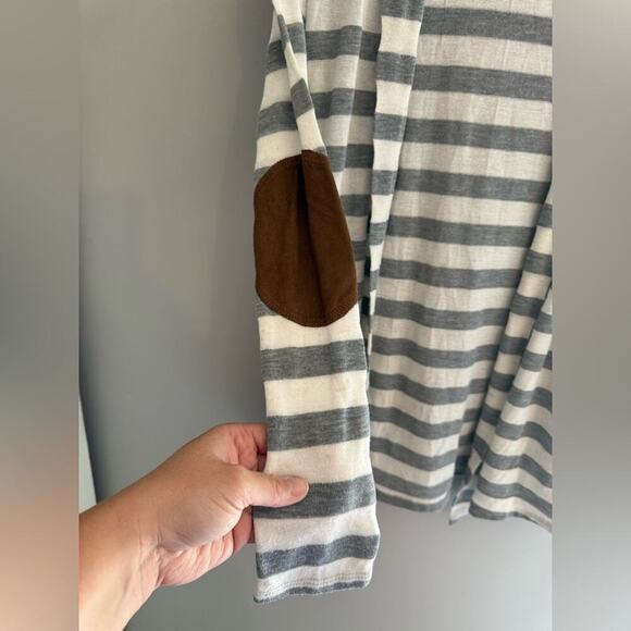 Alwaysme Open Front Cardigan Grey White Striped Elbow Pads Casual Layering - Picture 3 of 8